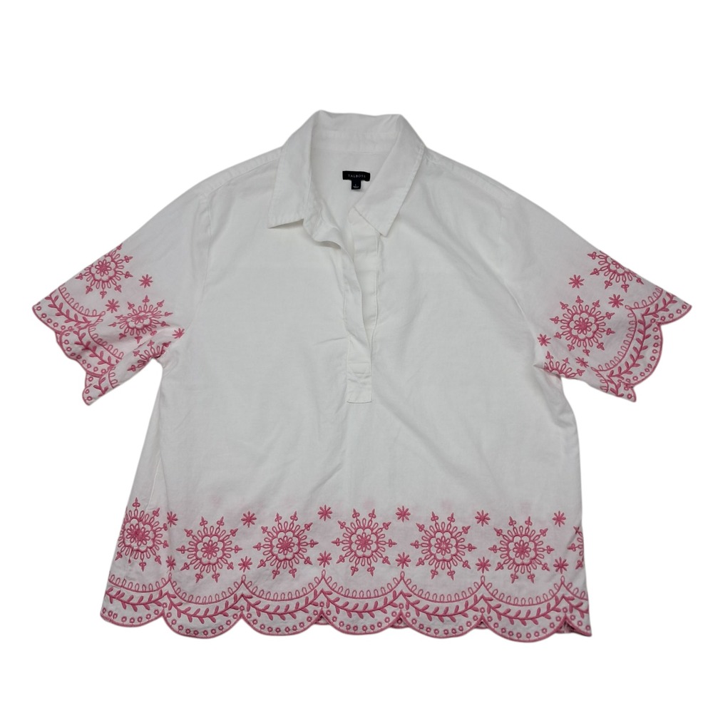 Talbots Embroidered Linen Cotton Shirt Women's Large White Pink Scallop